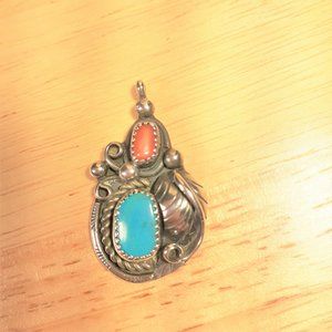 Southwest Turquoise Coral Sterling Silver Pendant